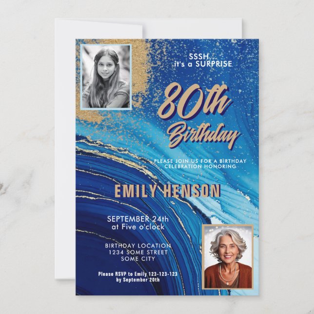 Invitación Blue Gold Marble Glitter 2 Photo 80th Birthday (Anverso)
