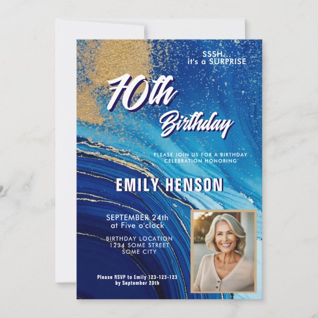 Invitación Blue Gold Marble Glitter Photo 70th Birthday (Anverso)