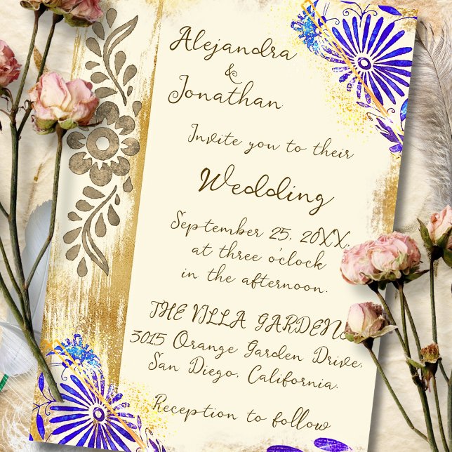 Invitación Blue & Gold Mexican Otomi Baroque Elegant Wedding (A luminous Baroque design blending cobalt blooms and rustic textures for a timeless invitation.)