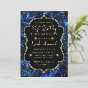Invitación Blue & Gold Midnight Crystal Galaxy 21 cumpleaños