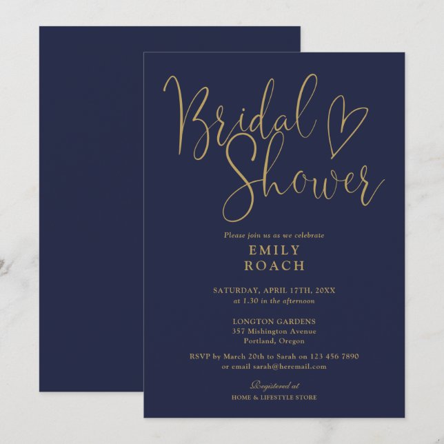 Invitación Blue Gold Modern Elegant Script Bridal Shower (Anverso / Reverso)