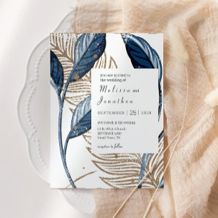 Invitación Blue Gold Modern Floral Elegante Wedding
