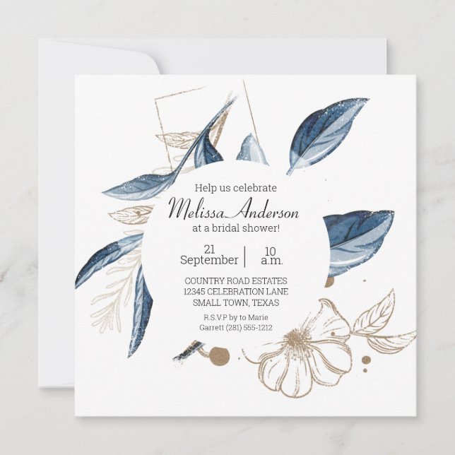 Invitación Blue Gold Moderno Floral Elegante Ducha Bridal (Anverso)