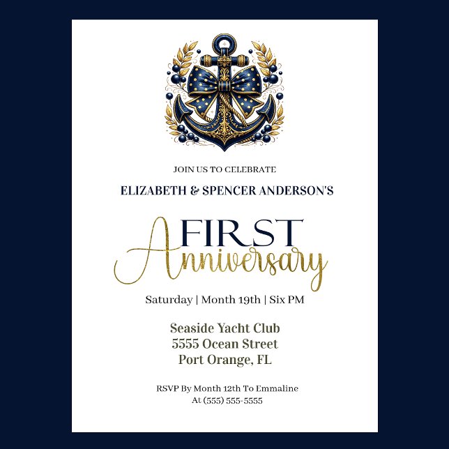 Invitación Blue Gold Nautical Anchor 1st Wedding Anniversary (Navy blue and gold nautical anchor 1st wedding anniversary invitation with elegant coastal theme
)