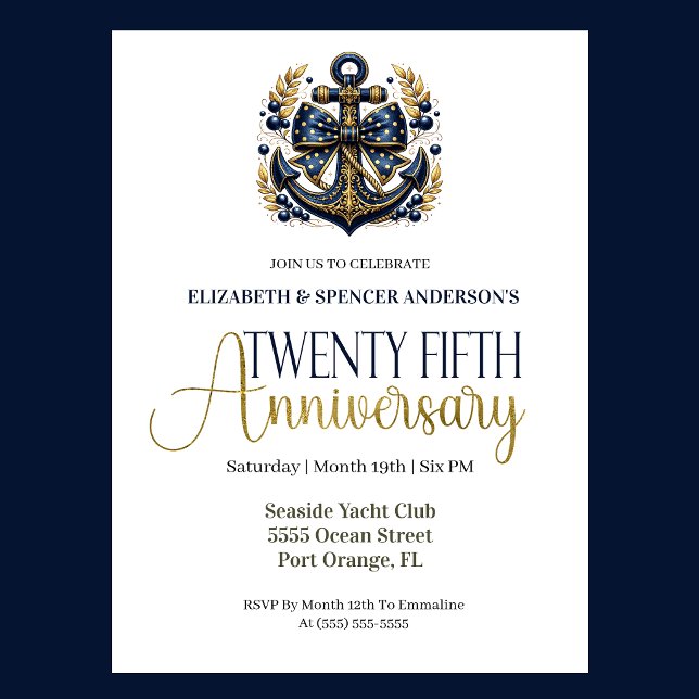 Invitación Blue Gold Nautical Anchor 25th Wedding Anniversary (Navy blue and gold nautical anchor 25th wedding anniversary invitation with elegant coastal theme
)