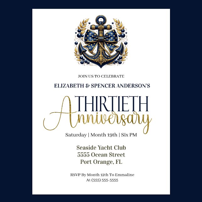 Invitación Blue Gold Nautical Anchor 30th Wedding Anniversary (Navy blue and gold nautical anchor 30th wedding anniversary invitation with elegant coastal theme
)