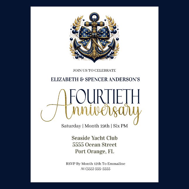 Invitación Blue Gold Nautical Anchor 40th Wedding Anniversary (Navy and gold nautical anchor 40th wedding invitation for girl seaside yacht club theme)