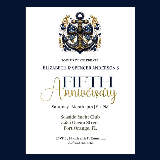 Invitación Blue Gold Nautical Anchor 5th Wedding Anniversary (Navy blue and gold nautical anchor 5th wedding anniversary invitation with elegant coastal theme
)