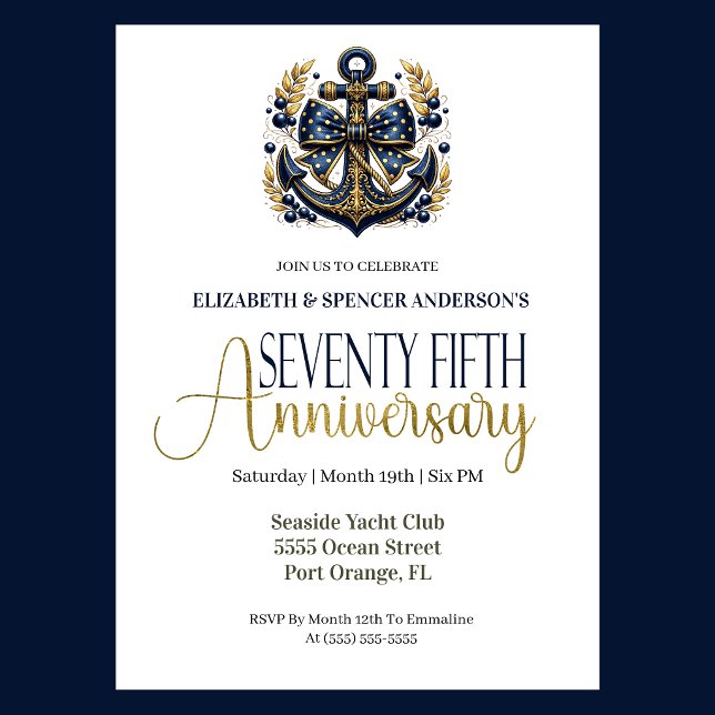 Invitación Blue Gold Nautical Anchor 75th Wedding Anniversary (Navy and gold nautical anchor 75th wedding invitation for girl seaside yacht club theme
)