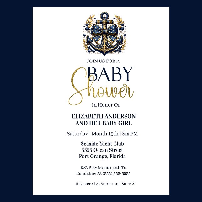 Invitación Blue Gold Nautical Anchor Boy Baby Shower (Navy and gold nautical anchor baby shower invitation for girl seaside yacht club theme
)