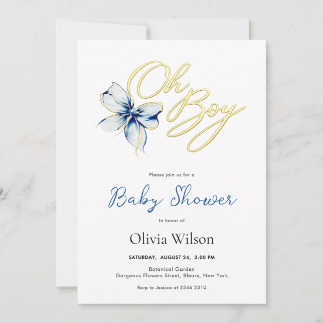 Invitación Blue & Gold “Oh Boy” Floral Typography Baby Shower (Anverso)