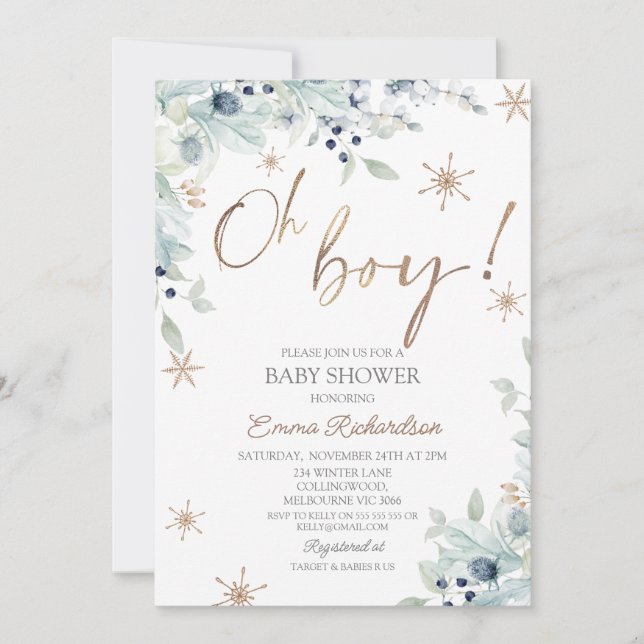 Invitación Blue Gold Oh Boy Little Snowflake Baby Shower (Anverso)