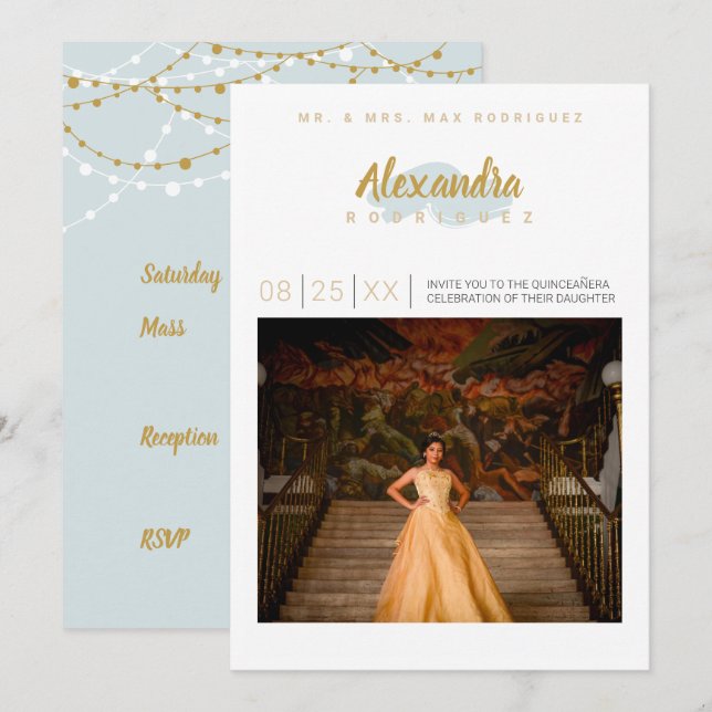 Invitación Blue & Gold Photo Quinceanera (Anverso / Reverso)