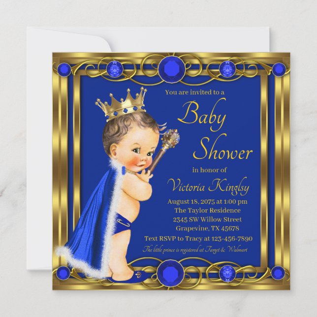 Invitación Blue Gold Prince Jewel Baby Shower (Anverso)