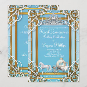 Invitación Blue Gold Princess Crown & Carriage Quinceañera