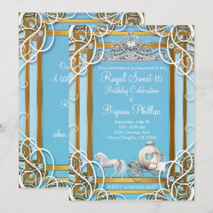 Invitación Blue Gold Princess Crown & Carriage Sweet 16 Fiest