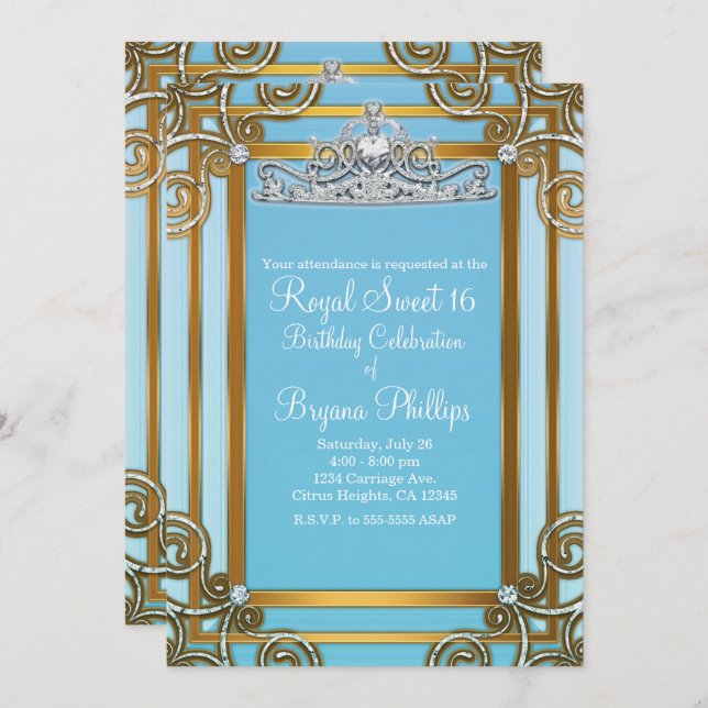 Invitación Blue & Gold Princess Crown Tiara Sweet 16 Fiesta (Anverso / Reverso)