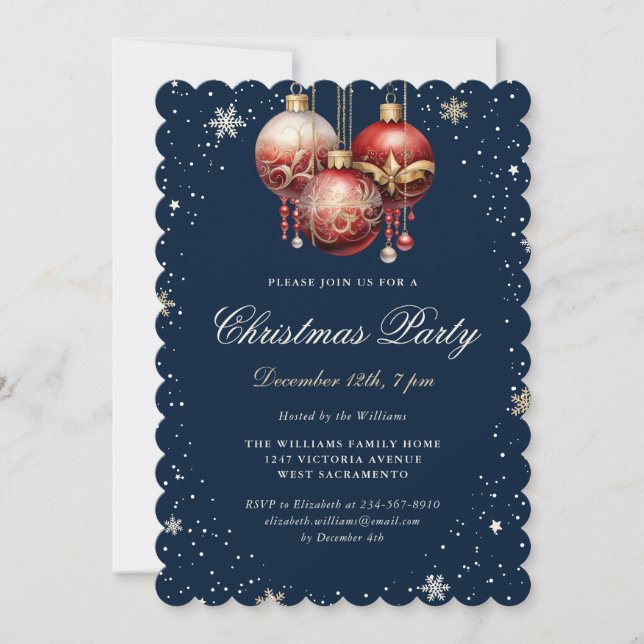 Invitación Blue Gold Red Ornaments Christmas Party (Anverso)