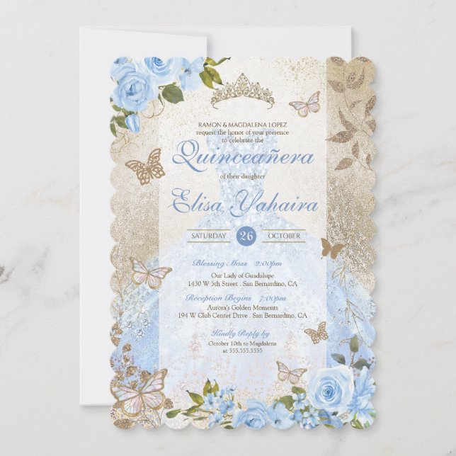 Invitación Blue Gold Rose Butterfly Glam Princess Quinceañera (Anverso)