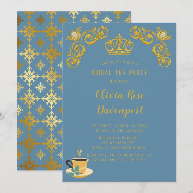 Invitación Blue & Gold Royal Crown Damask Bridal Tea Fiesta (Anverso / Reverso)