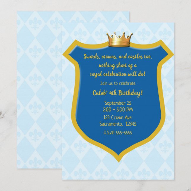 Invitación Blue & Gold Royal Shield y Crown Prince Fiesta (Anverso / Reverso)
