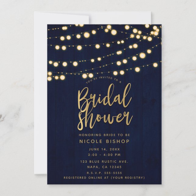 Invitación Blue Gold Rustic Wood & Lights Bridal Shower (Anverso)