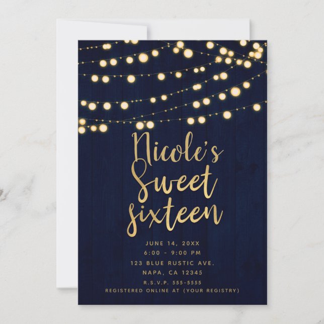 Invitación Blue Gold Rustic Wood & Lights Sweet 16 (Anverso)