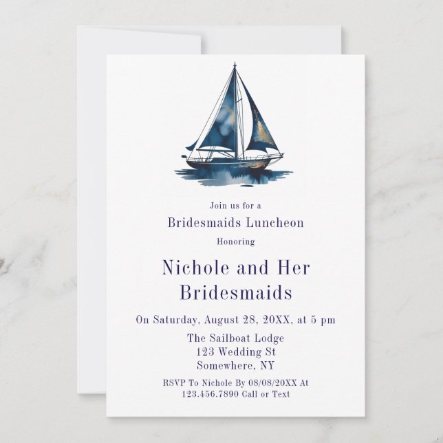 Invitación Blue & Gold Sailboat Nautical Bridesmaids Luncheon (Anverso)