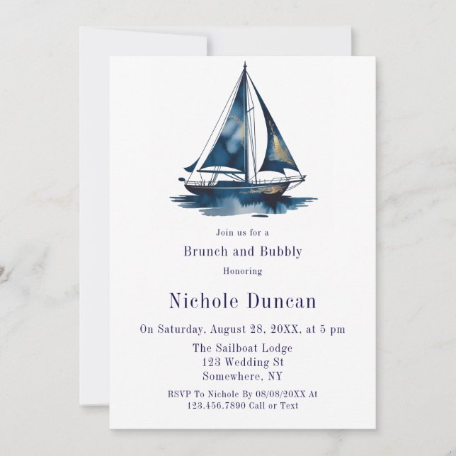 Invitación Blue & Gold Sailboat Nautical Brunch and Bubbly (Anverso)