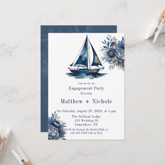 Invitación Blue & Gold Sailboat Nautical Engagement Party (Anverso/Reverso In Situ)