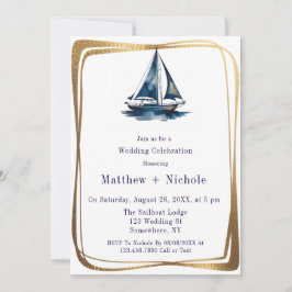 Invitación Blue & Gold Sailboat Nautical Wedding Celebration 