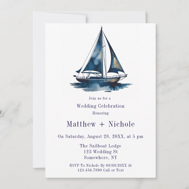 Invitación Blue & Gold Sailboat Nautical Wedding Celebration  (Anverso)