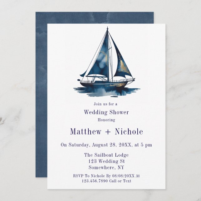 Invitación Blue & Gold Sailboat Nautical Wedding Shower (Anverso / Reverso)