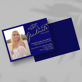 Invitación Blue Gold Script Photo Graduation Party Invite