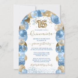 Invitación Blue Gold Sparkle Foto Globo Quinceañera