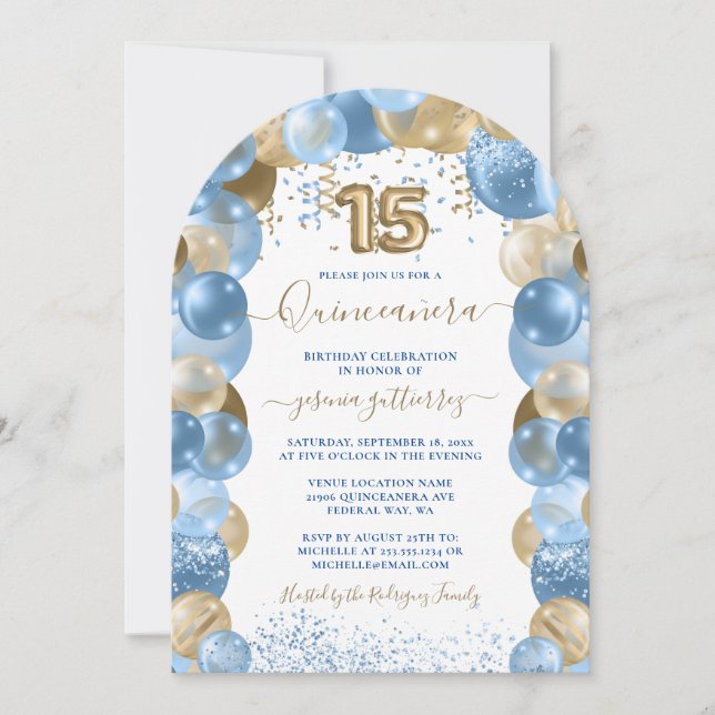 Invitación Blue Gold Sparkle Foto Globo Quinceañera (Anverso)