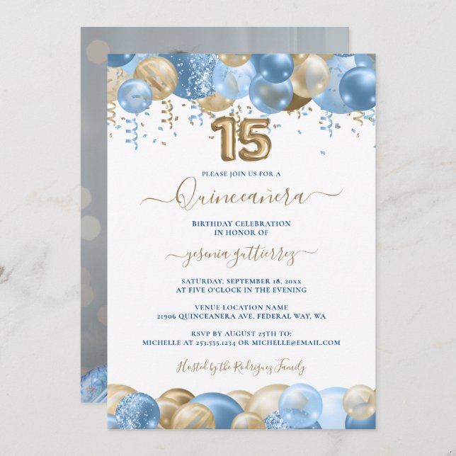 Invitación Blue Gold Sparkle Foto Globo Quinceañera (Anverso / Reverso)