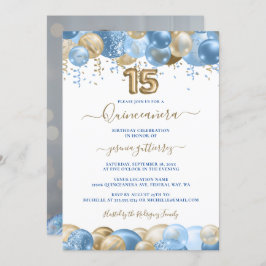 Invitación Blue Gold Sparkle Foto Globo Quinceañera