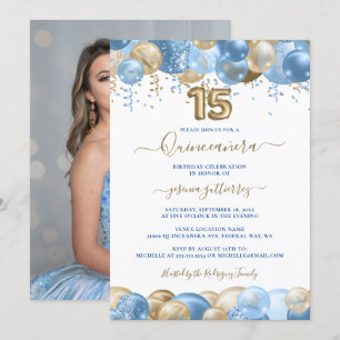 Invitación Blue Gold Sparkle Foto Globo Quinceañera