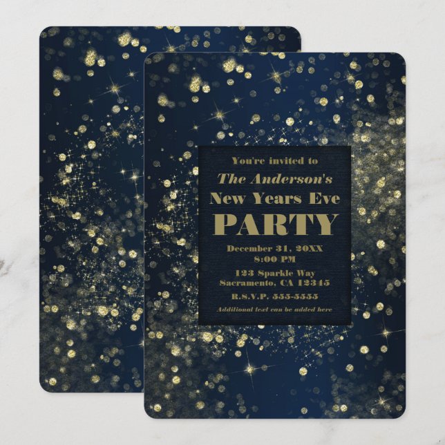 Invitación Blue Gold Sparkling ilumina Fiesta de Año Nuevo (Anverso / Reverso)