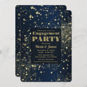 Invitación Blue & Gold Sparkling Lights Glam Engagement