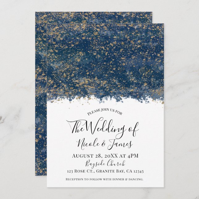 Invitación Blue Gold Splatter Matrimonio Boda Glam moderno (Anverso / Reverso)