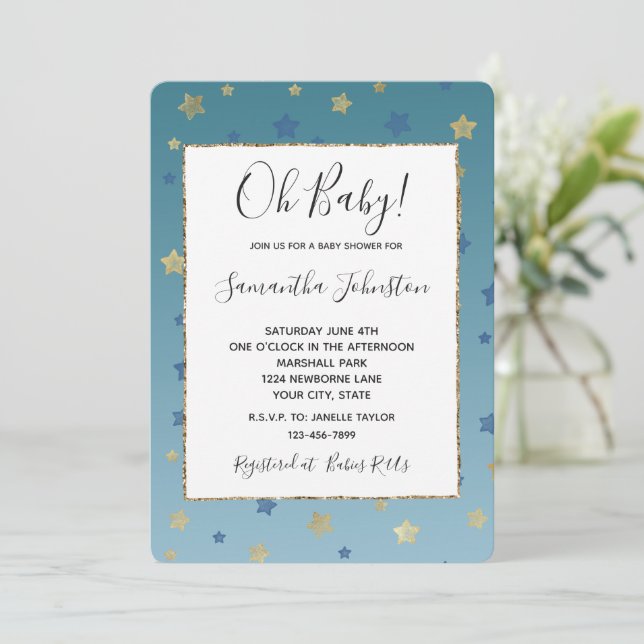 Invitación Blue Gold Stars Aqua Baby Shower (Anverso de pie)