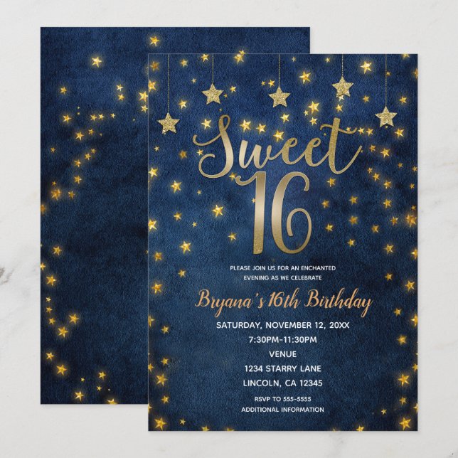 Invitación Blue & Gold Stars Celestial Sky Sweet 16 Fiesta (Anverso / Reverso)