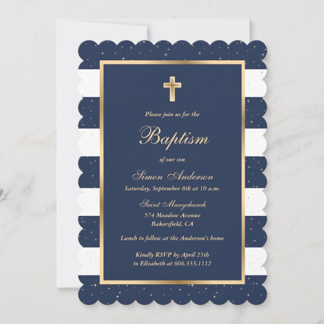 Invitación Blue Gold Stars Strike Boy Baptism (Anverso)