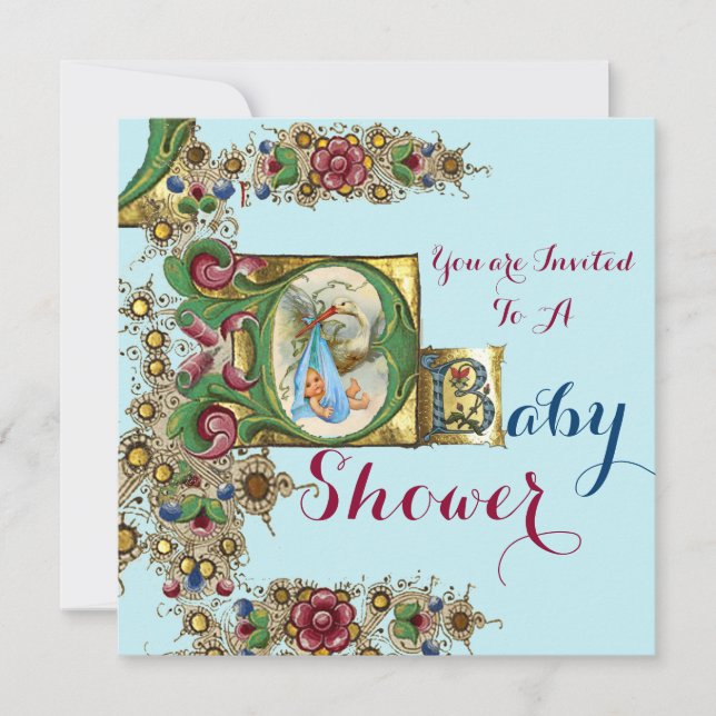 INVITACIÓN BLUE GOLD STORK BOY BABY SHOWER FLORAL MONOGRAM (Anverso)