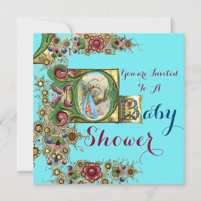INVITACIÓN BLUE GOLD STORK BOY BABY SHOWER FLORAL MONOGRAM
