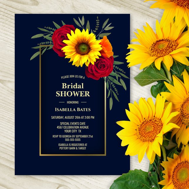 Invitación Blue Gold Sunflower Red Rose Brige Shower (Subido por el creador)