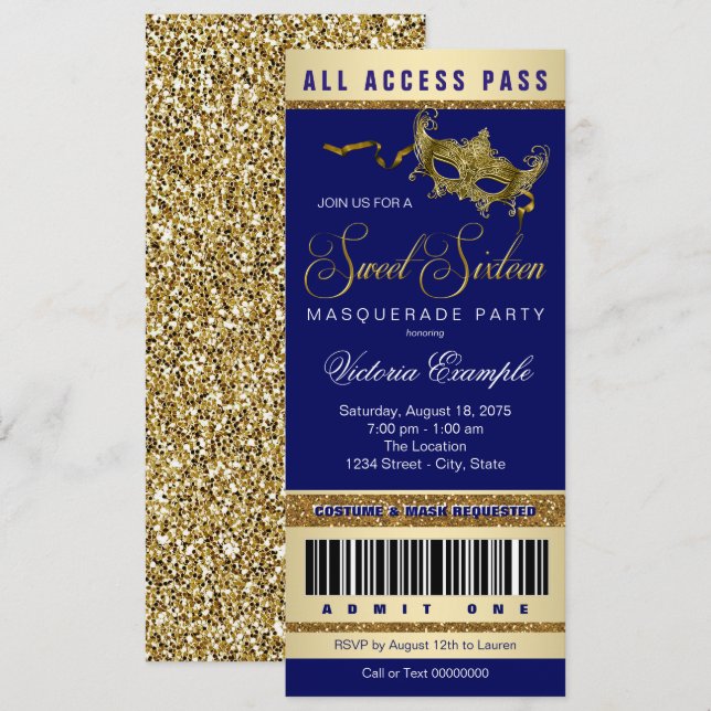 Invitación Blue Gold Sweet 16 Masquerade Fiesta (Anverso / Reverso)