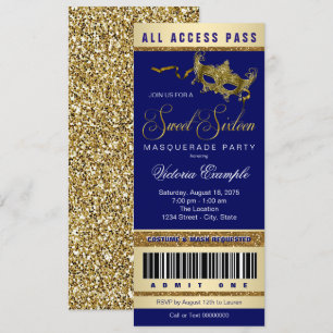 Invitación Blue Gold Sweet 16 Masquerade Fiesta Ticket